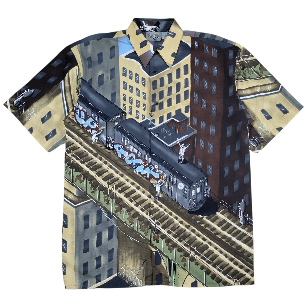 Up Ro's Vintage Button Up Shirt Mens M 90s Graffiti Subway Train Streetwear‎ AOP